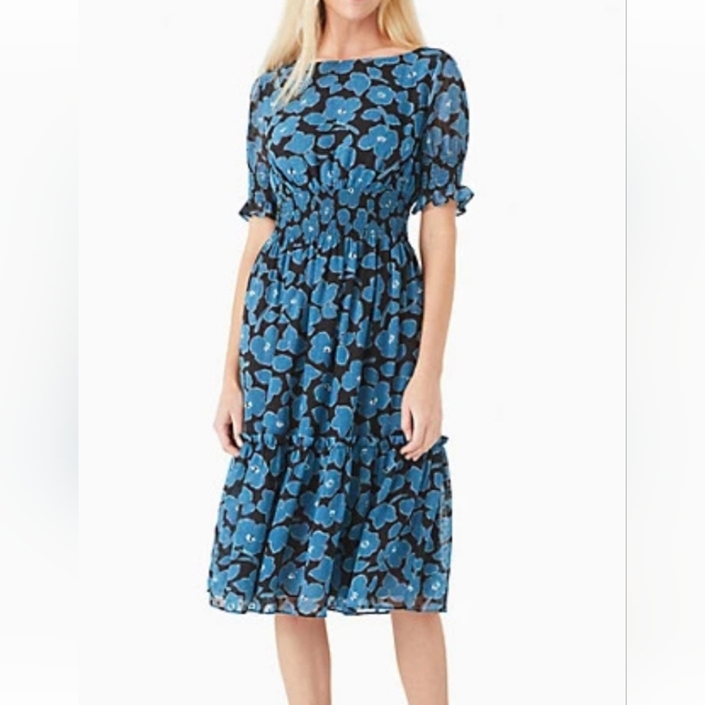 Kate Spade Whimsical Floral Puff Sleeve Blaire Dress, Large, Dark Peacock